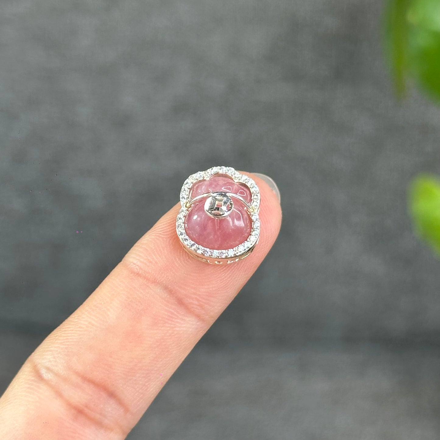 Natural Rose Quartz Money Bag Charm in Silver Setting