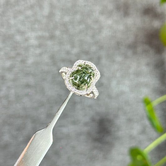 Natural Green Rutilated Quartz Money Bag Ring in Silver with White Stone Setting Size 1.65