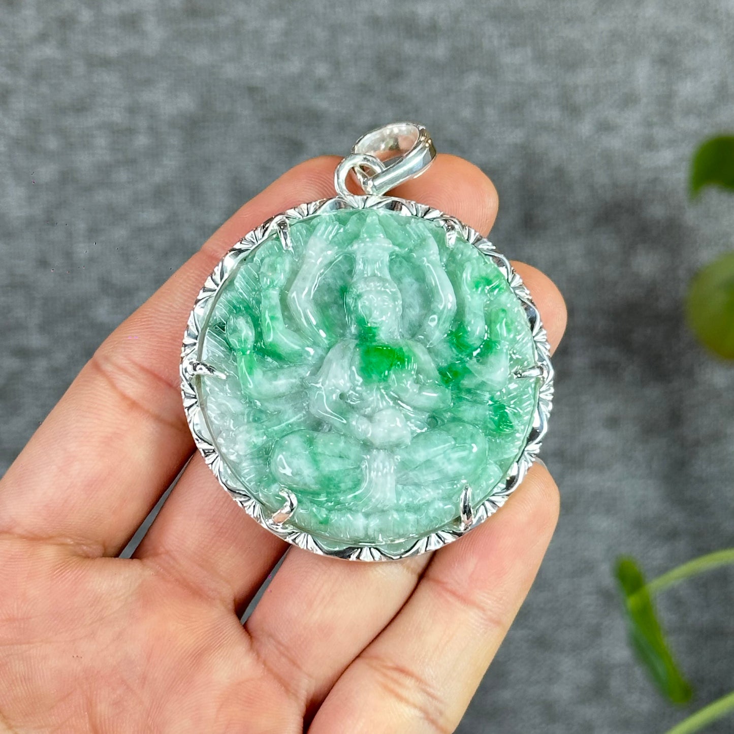 Thousand Hands Guan Yin (Quan The Am) Buddha Bright Green Son Thuy Natural Jadeite Jade Pendant with Silver Setting