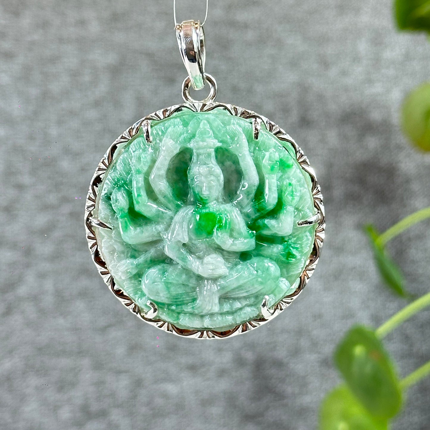 Thousand Hands Guan Yin (Quan The Am) Buddha Bright Green Son Thuy Natural Jadeite Jade Pendant with Silver Setting