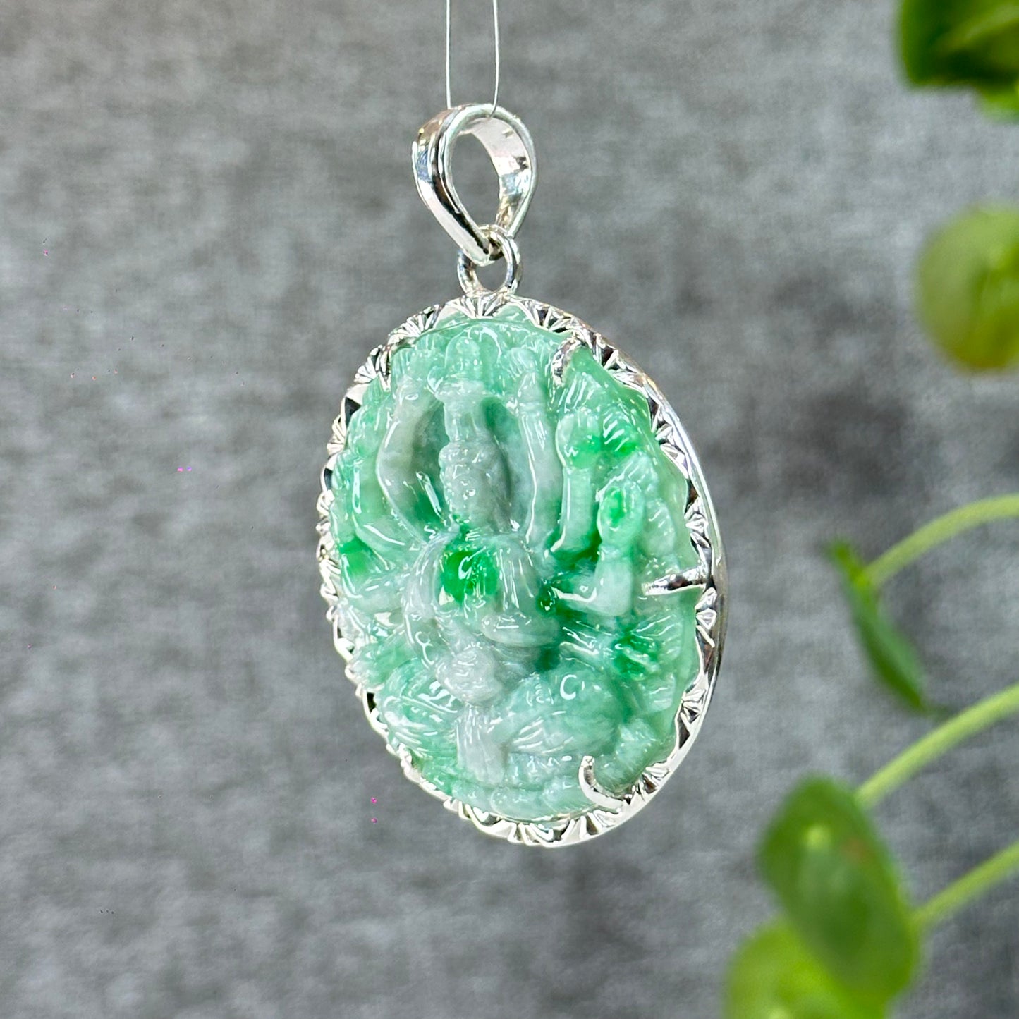 Thousand Hands Guan Yin (Quan The Am) Buddha Bright Green Son Thuy Natural Jadeite Jade Pendant with Silver Setting