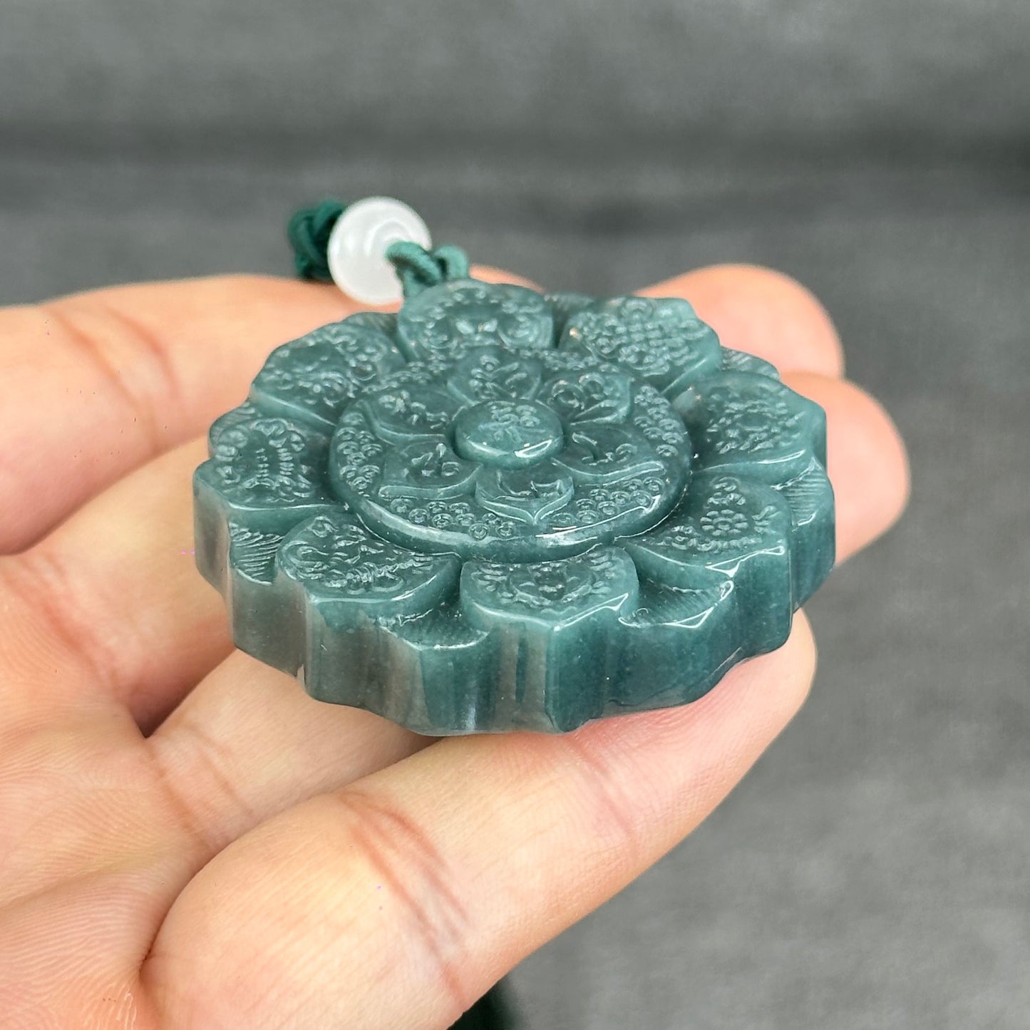 Natural Water Green Type A Jadeite Jade Lotus Eight Treasures Pendant