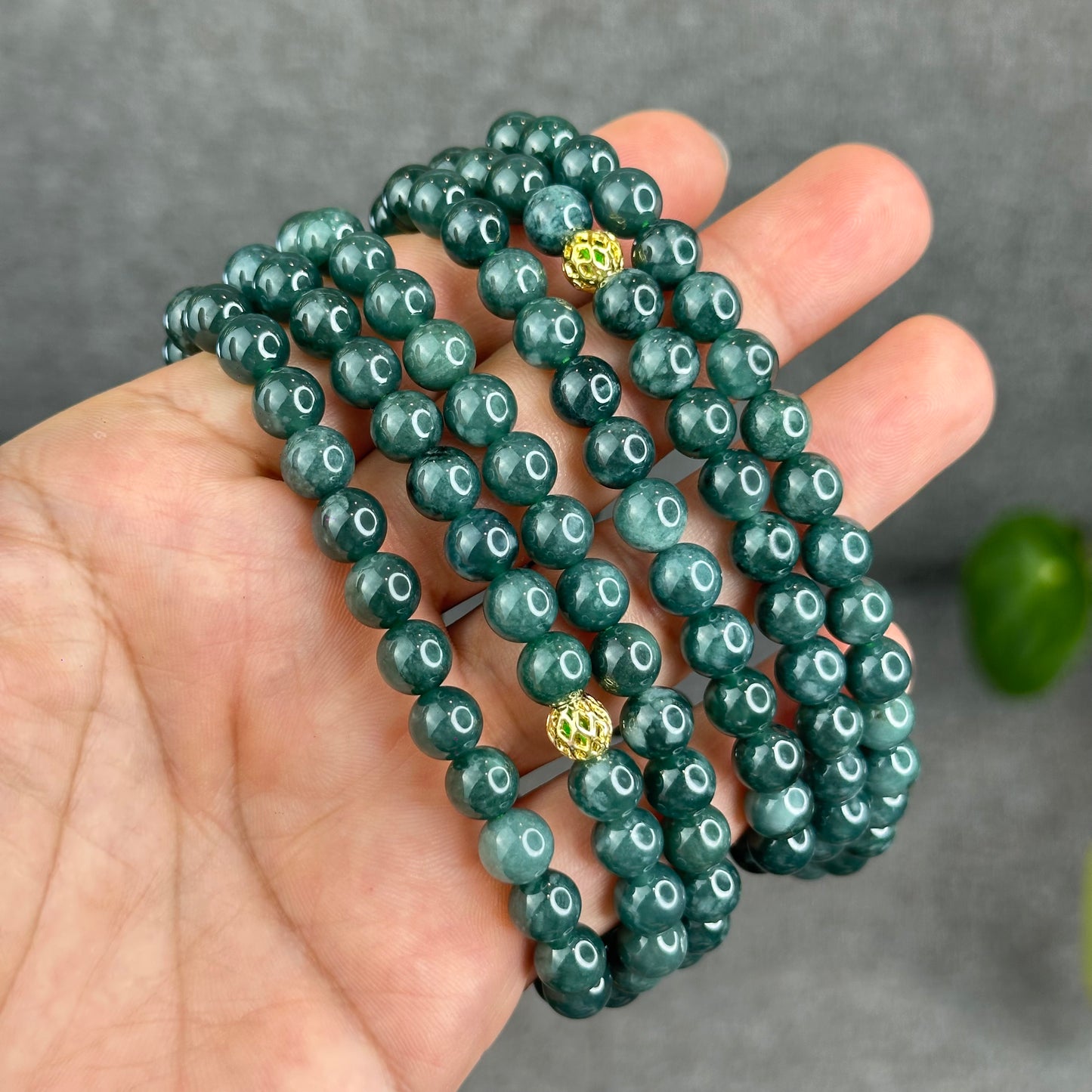 Natural Semi Translucent Dark Water Green Type A Jadeite Jade Triple Wrap Bracelet Size 7.5 mm