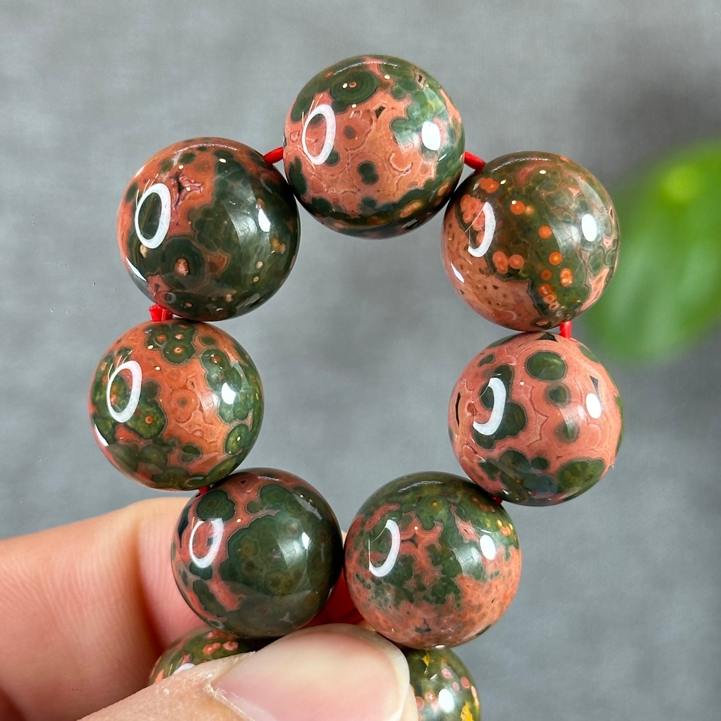 Green and Pink Natural Ocean Jasper  Bracelet Size 14 mm