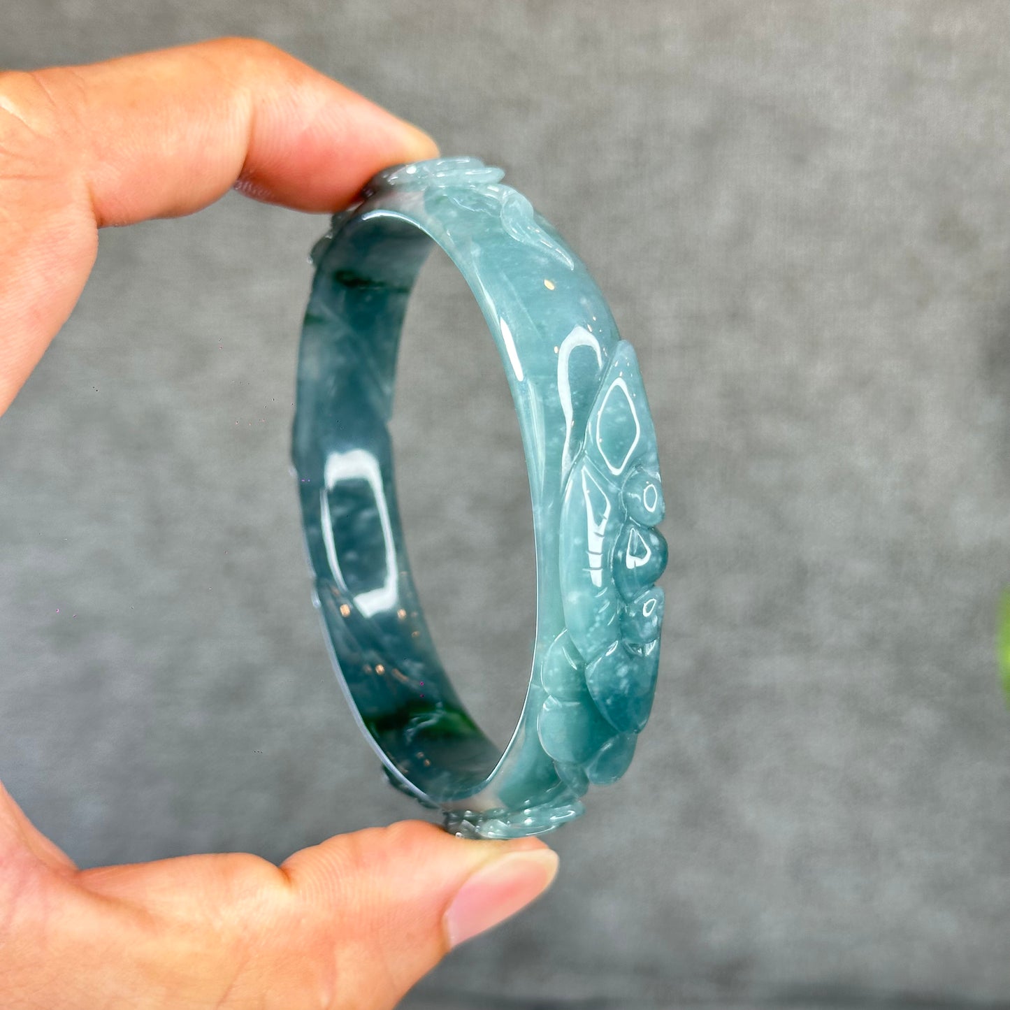 Natural Water Green Money Lotus Carved Bangle Size 58 mm