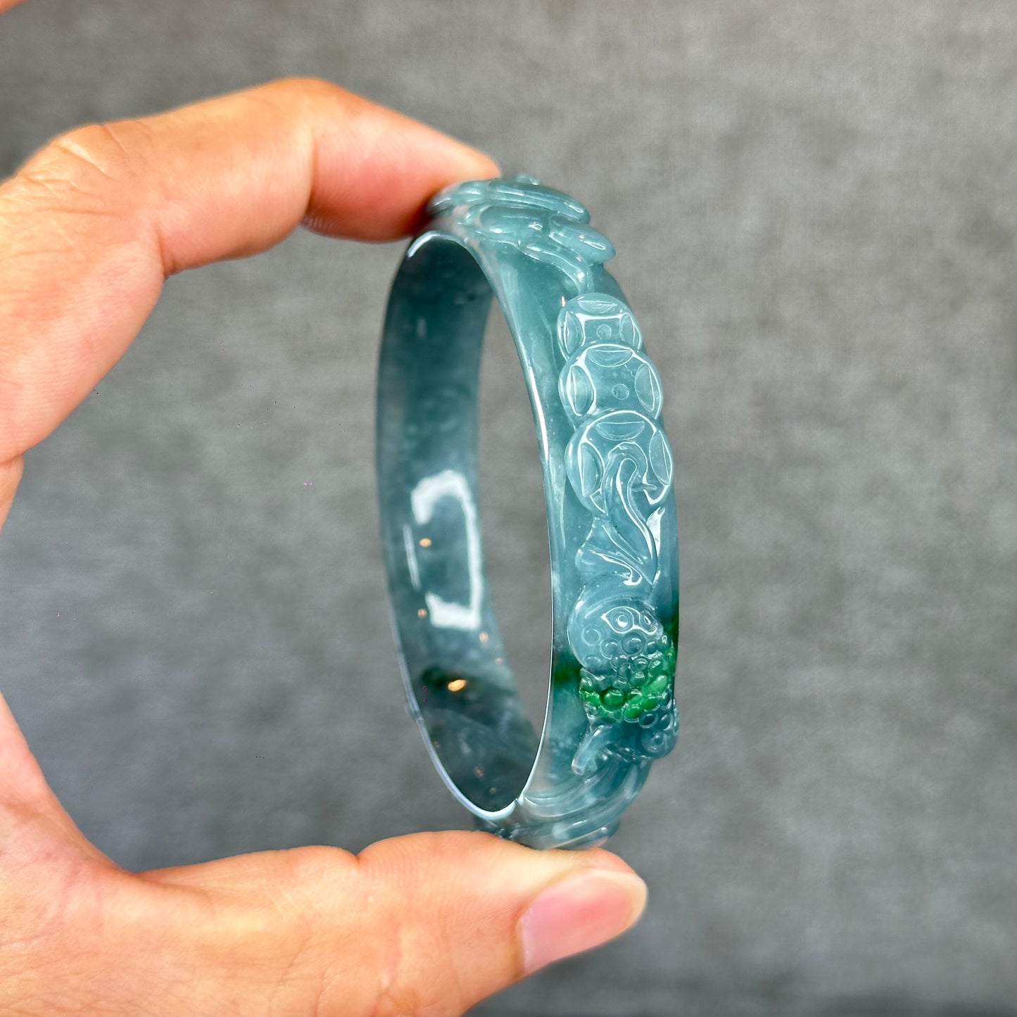 Natural Water Green Money Lotus Carved Bangle Size 58 mm