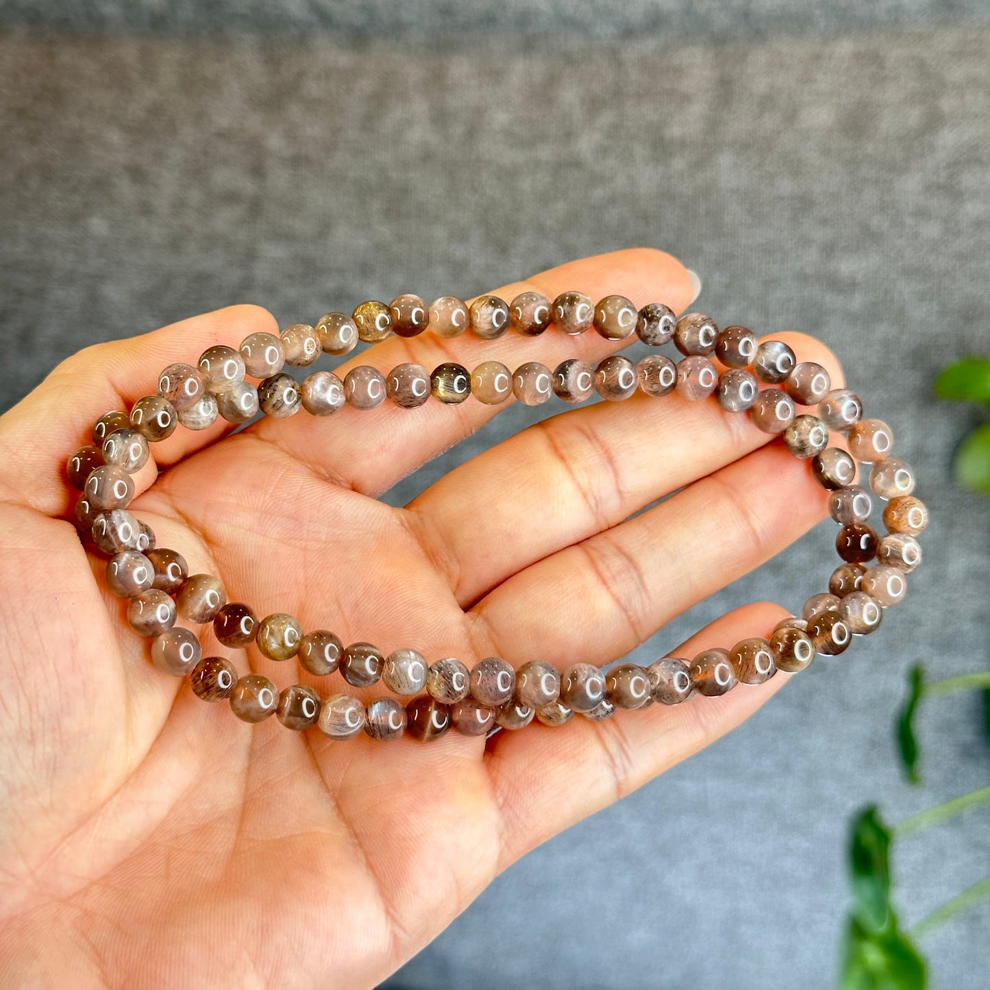 Grey/Golden Natural Skeletal Sunstone Triple Wrap Bracelet Size 6.5 mm