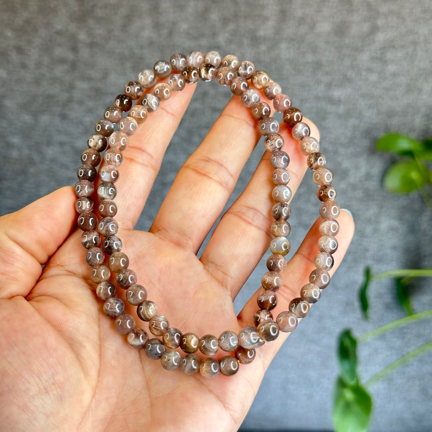 Grey/Golden Natural Skeletal Sunstone Triple Wrap Bracelet Size 6.5 mm