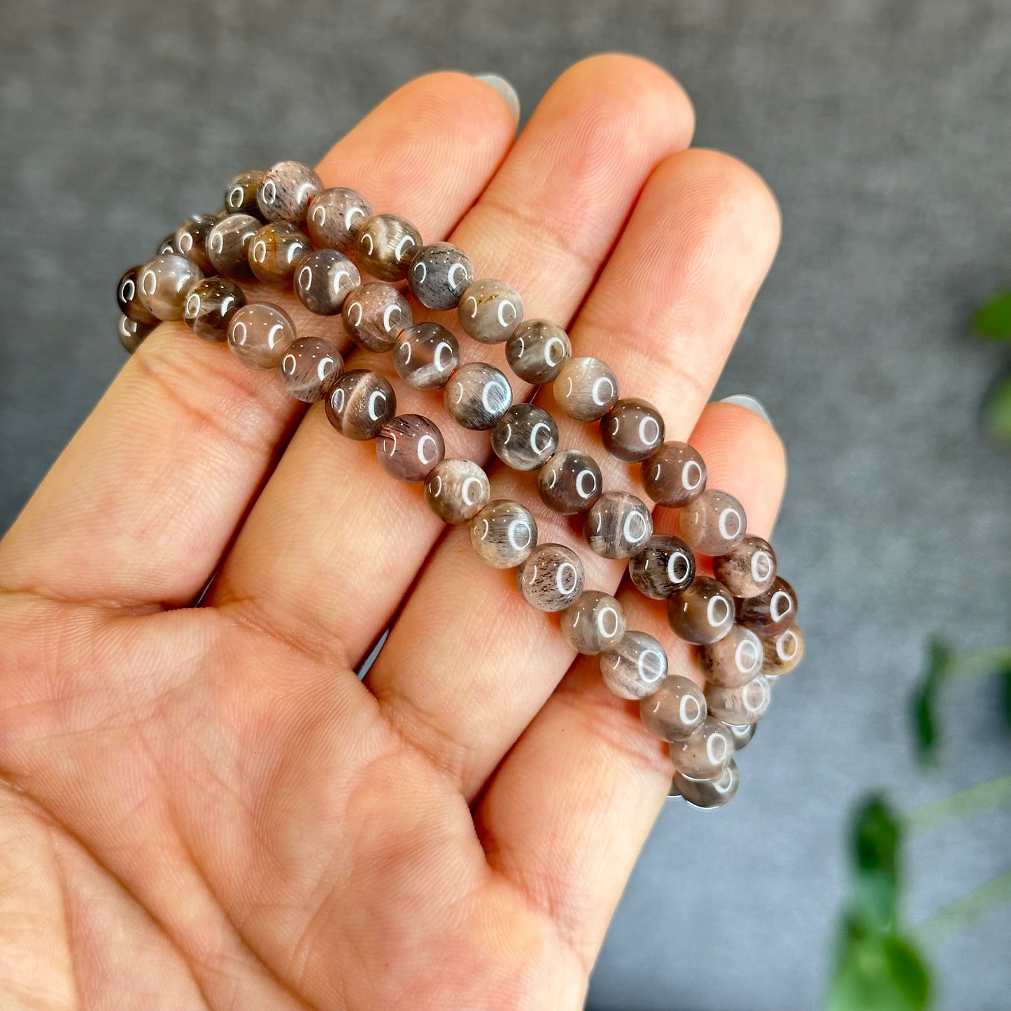 Grey/Golden Natural Skeletal Sunstone Triple Wrap Bracelet Size 6.5 mm