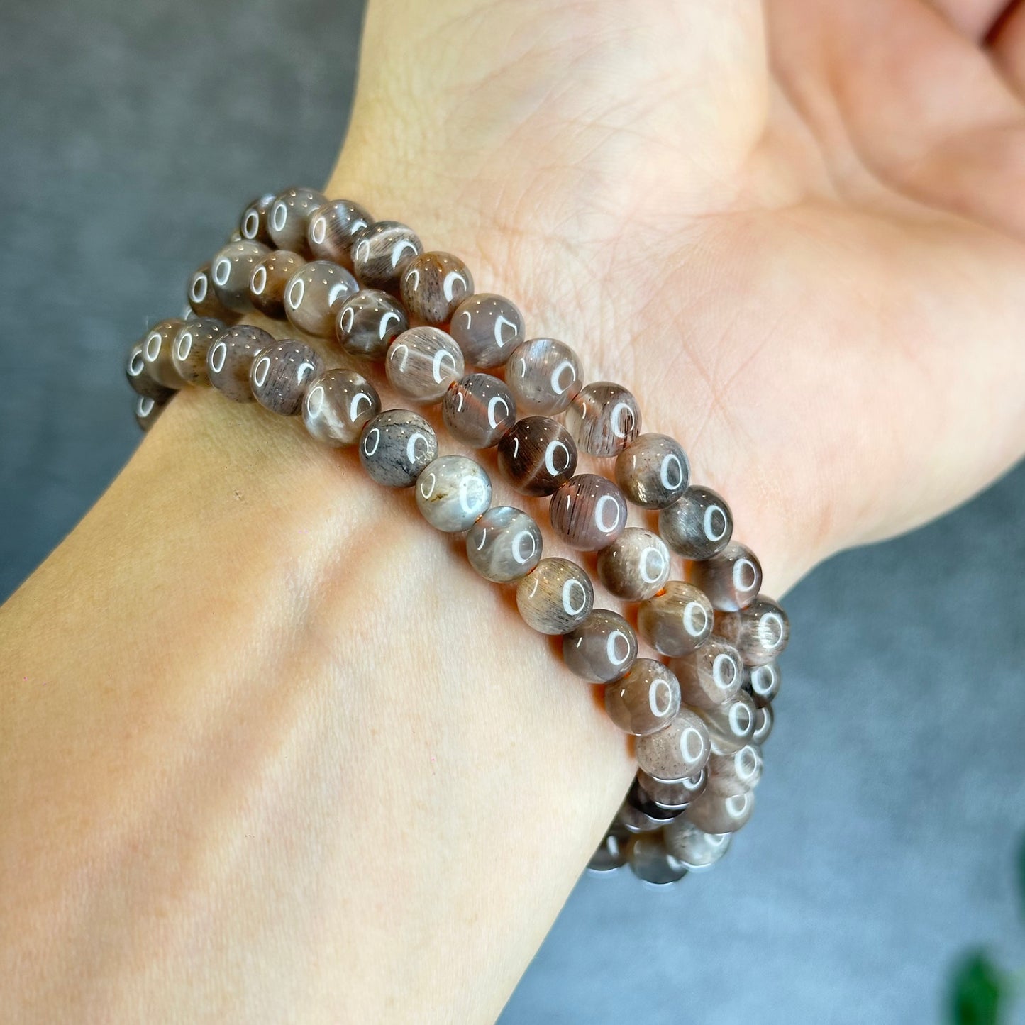 Grey/Golden Natural Skeletal Sunstone Triple Wrap Bracelet Size 6.5 mm