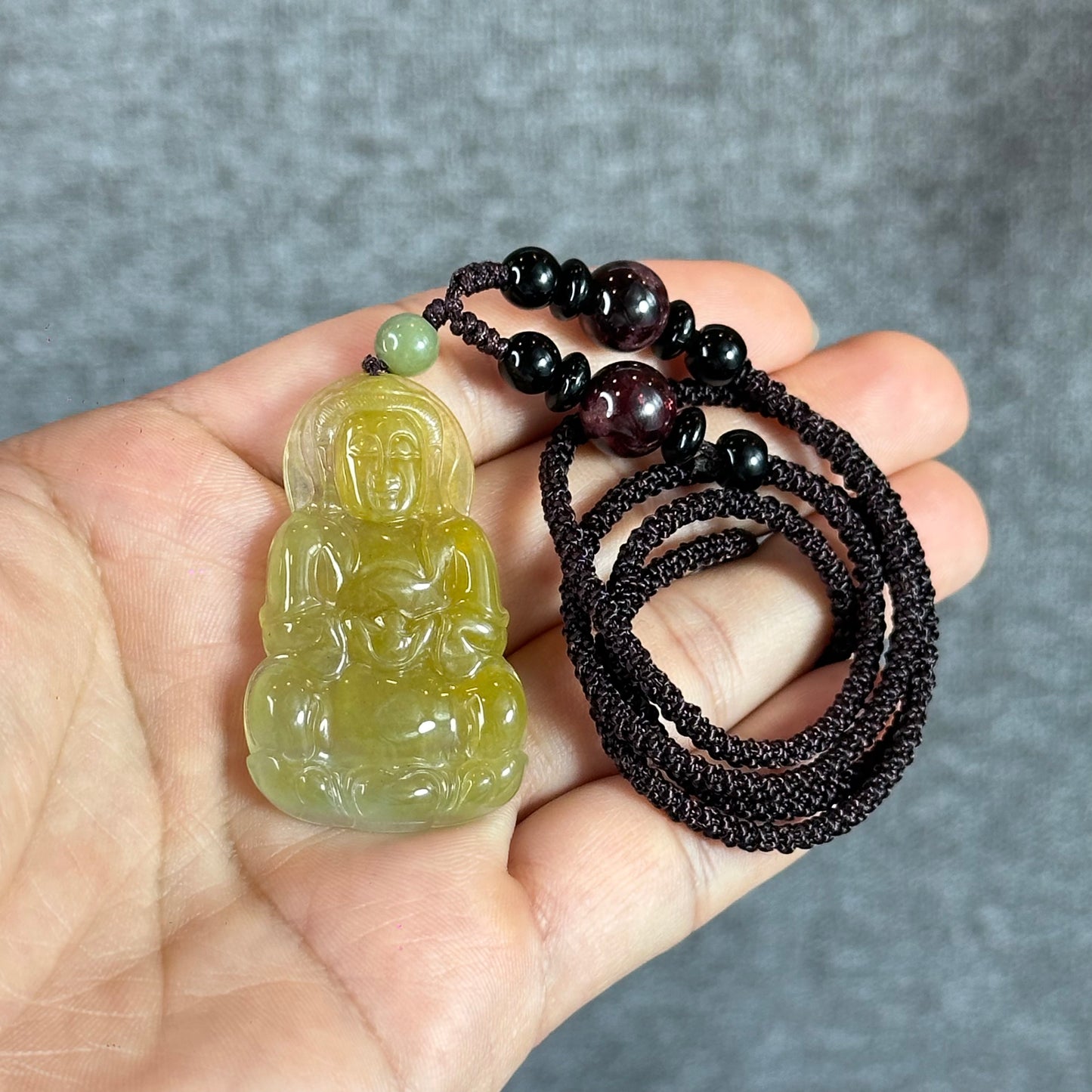 Guan Yin (Quan The Am) Buddha Translucent Golden Natural Jadeite Jade Pendant on Black String Necklace with Gem Review Certificate