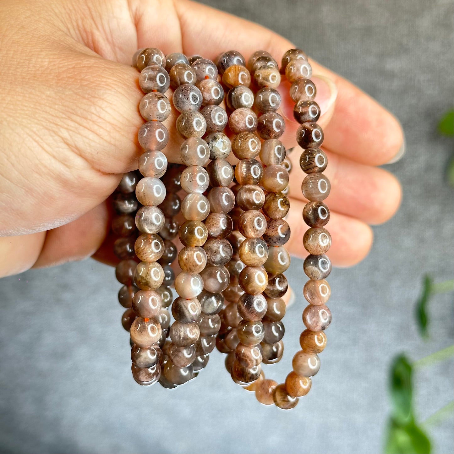 Grey/Golden Natural Skeletal Sunstone Triple Wrap Bracelet Size 6.5 mm