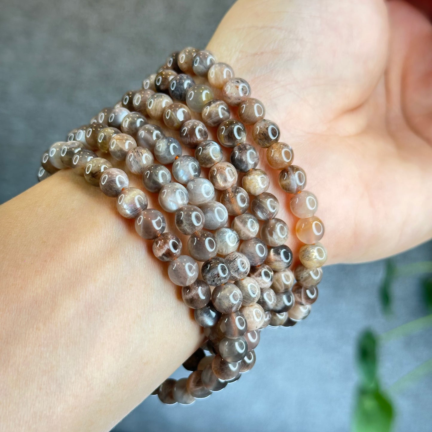 Grey/Golden Natural Skeletal Sunstone Triple Wrap Bracelet Size 6.5 mm