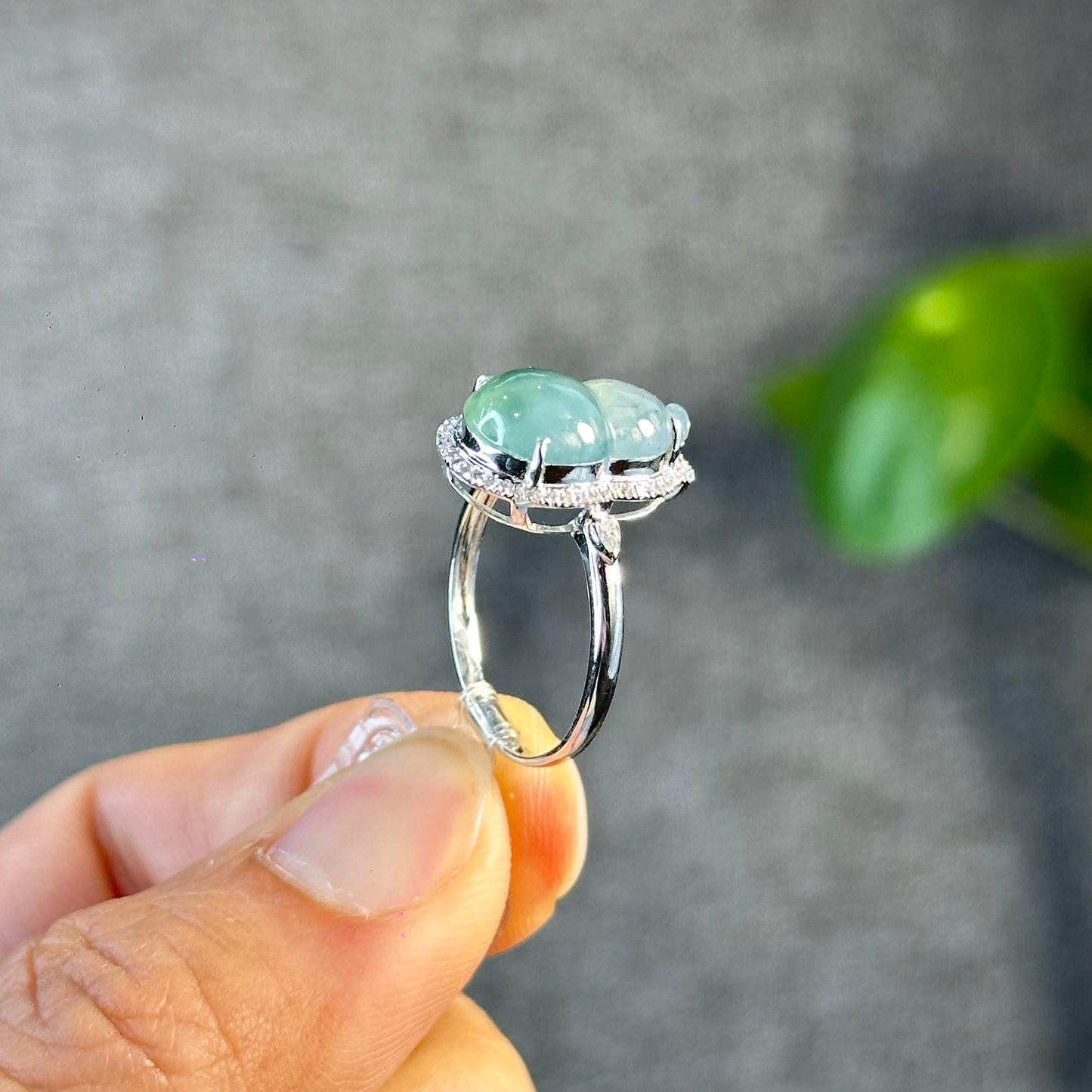 Ho Lo Natural Jadeite Jade Ring in White Gold with Diamond Setting Size 1.85