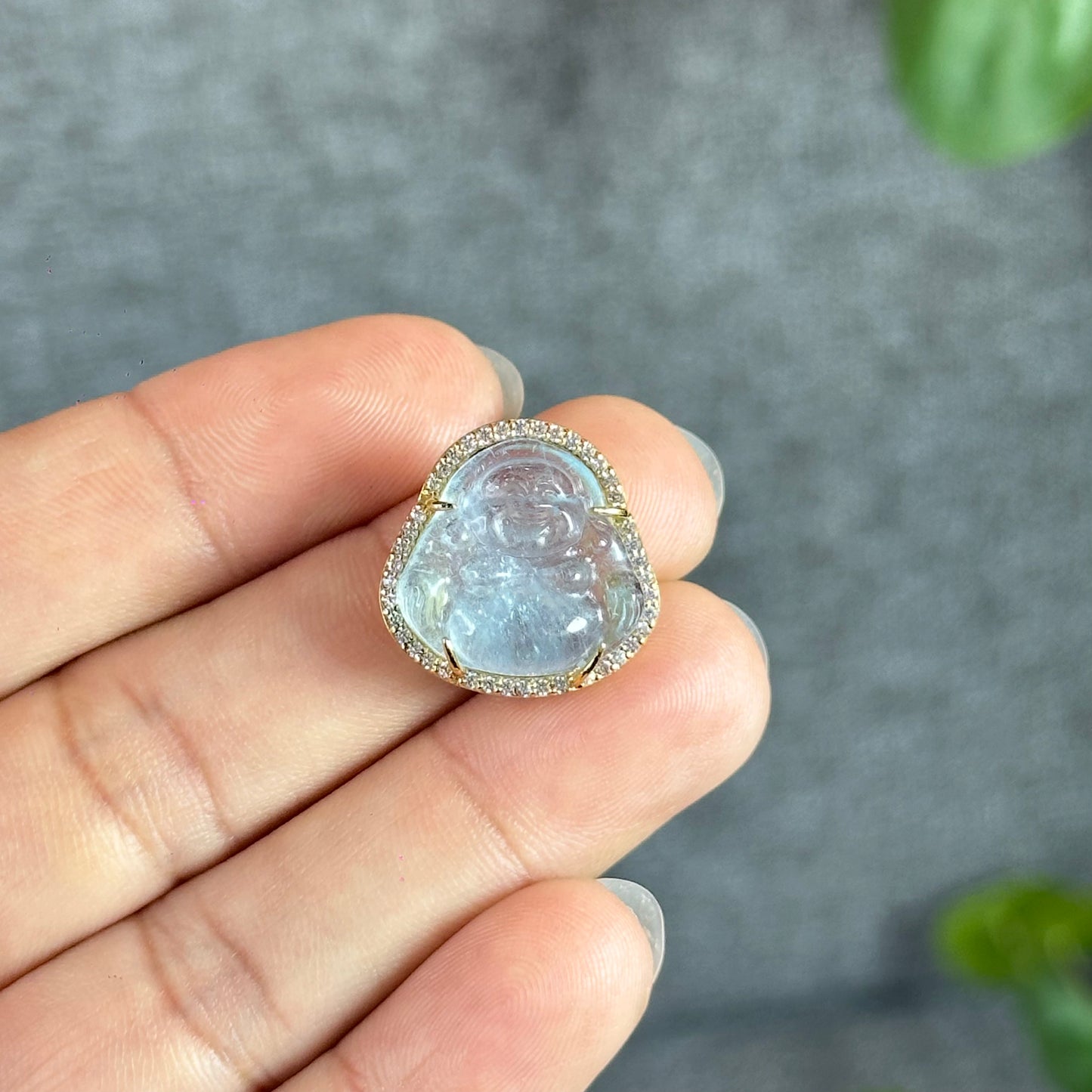 Happy Buddha Blue Beryl Charm in 10k Yellow Gold with White Stones Setting