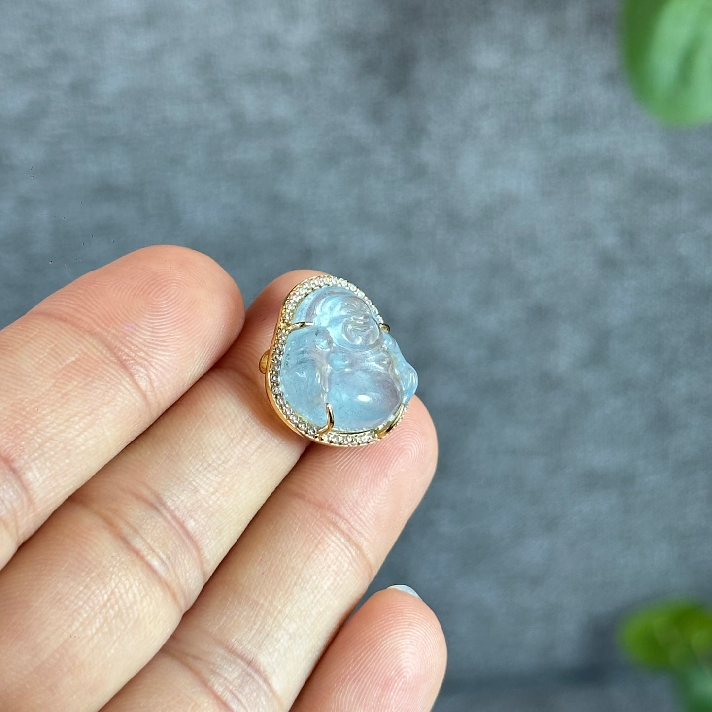 Happy Buddha Blue Beryl Charm in 10k Yellow Gold with White Stones Setting