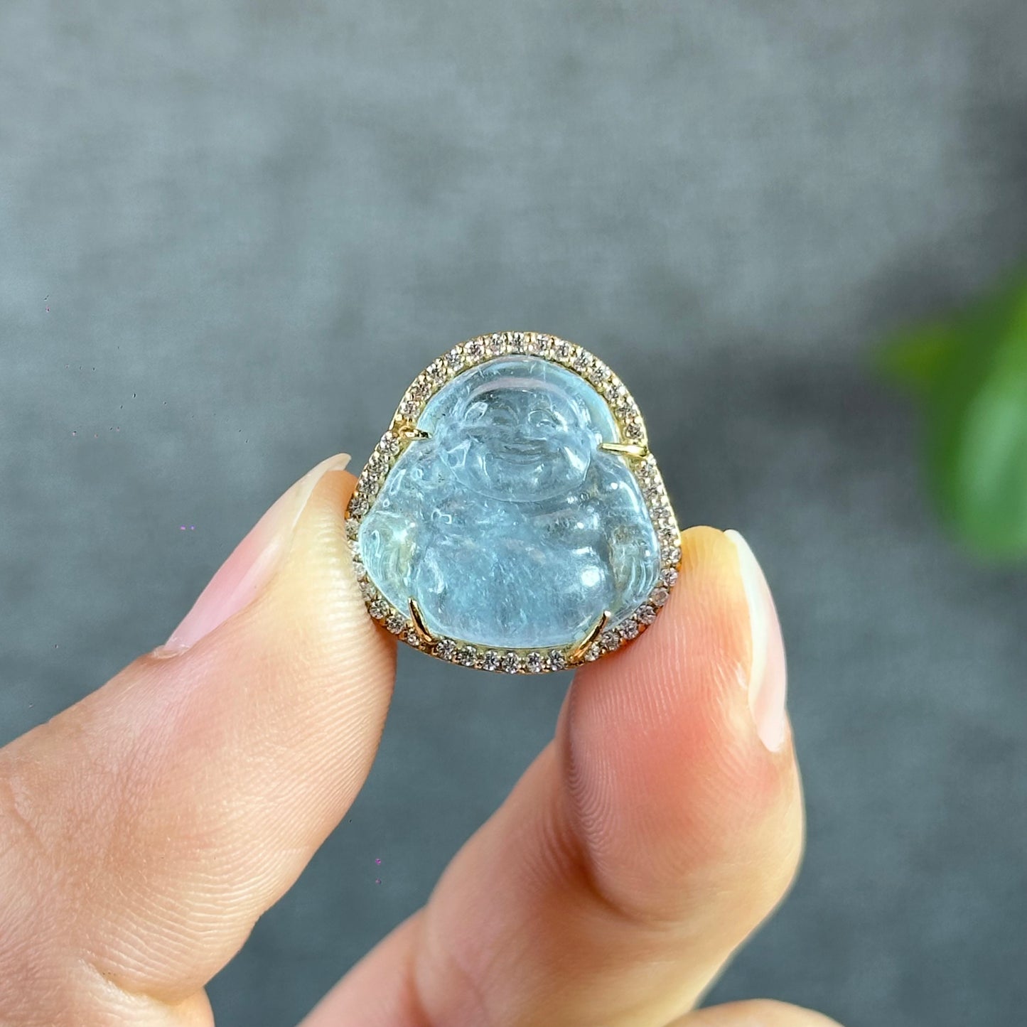 Happy Buddha Blue Beryl Charm in 10k Yellow Gold with White Stones Setting