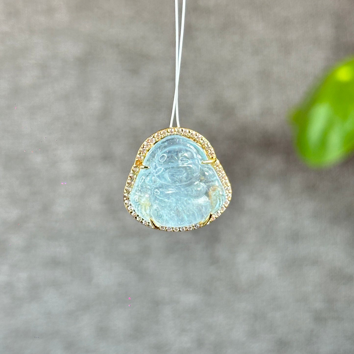 Happy Buddha Blue Beryl Charm in 10k Yellow Gold with White Stones Setting