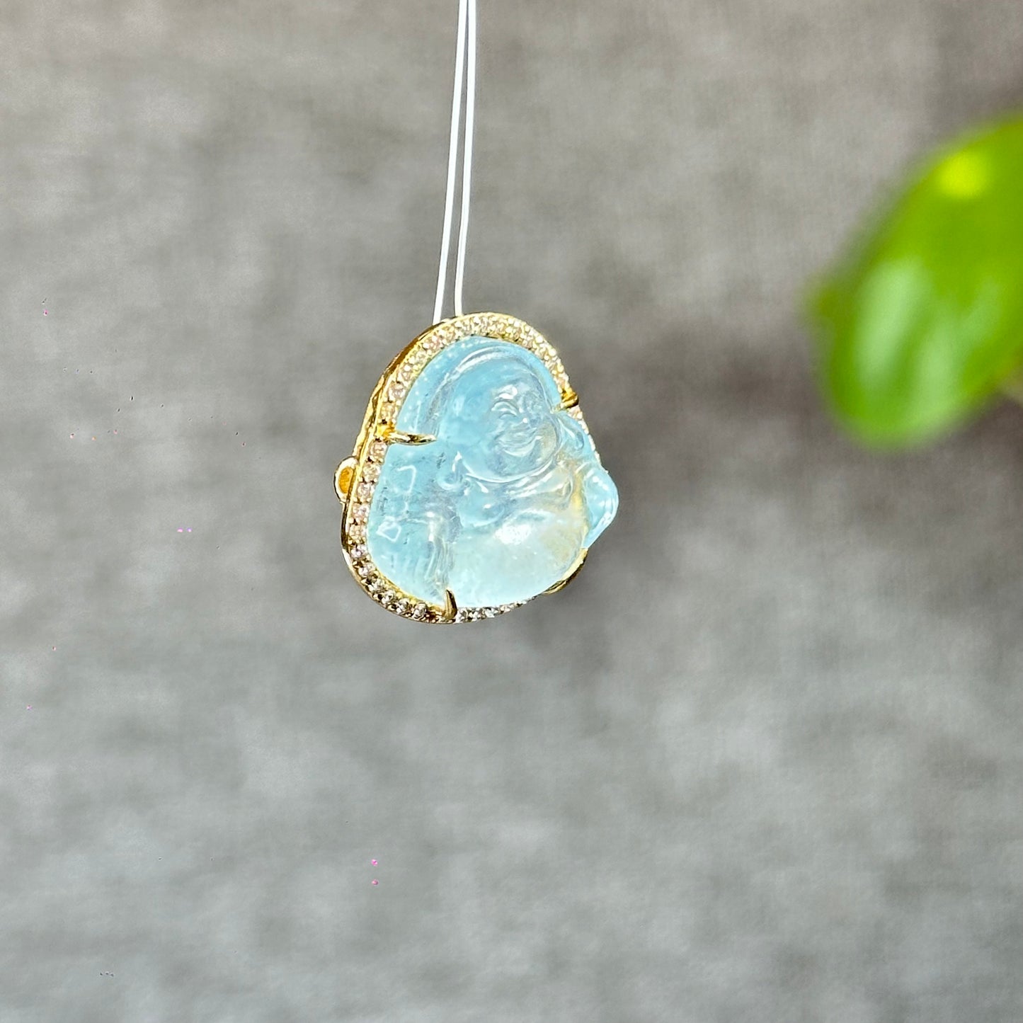 Happy Buddha Blue Beryl Charm in 10k Yellow Gold with White Stones Setting