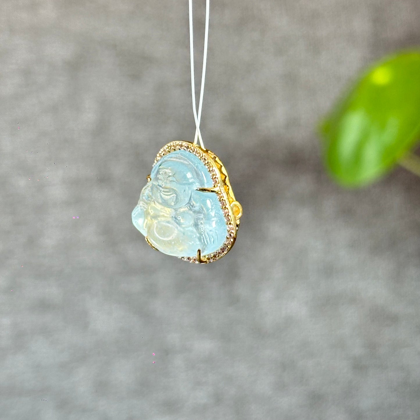 Happy Buddha Blue Beryl Charm in 10k Yellow Gold with White Stones Setting