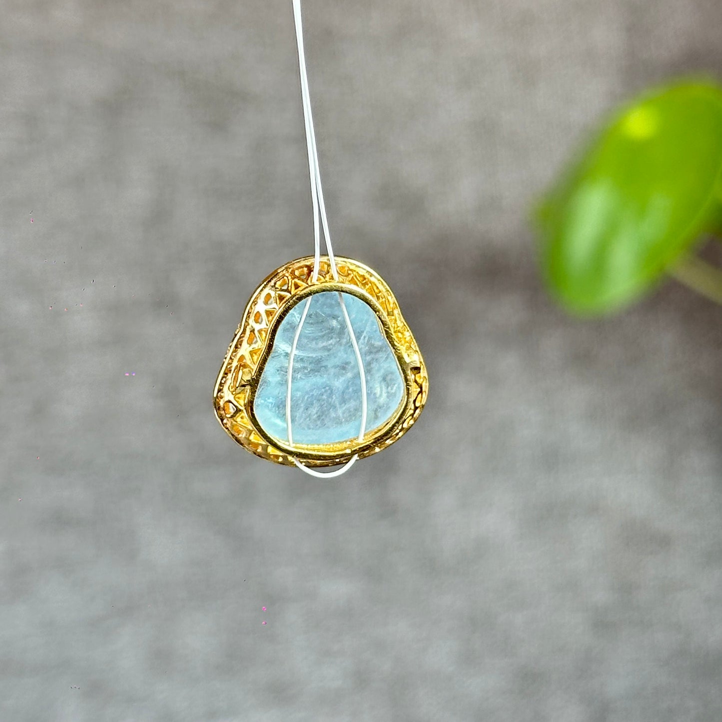 Happy Buddha Blue Beryl Charm in 10k Yellow Gold with White Stones Setting
