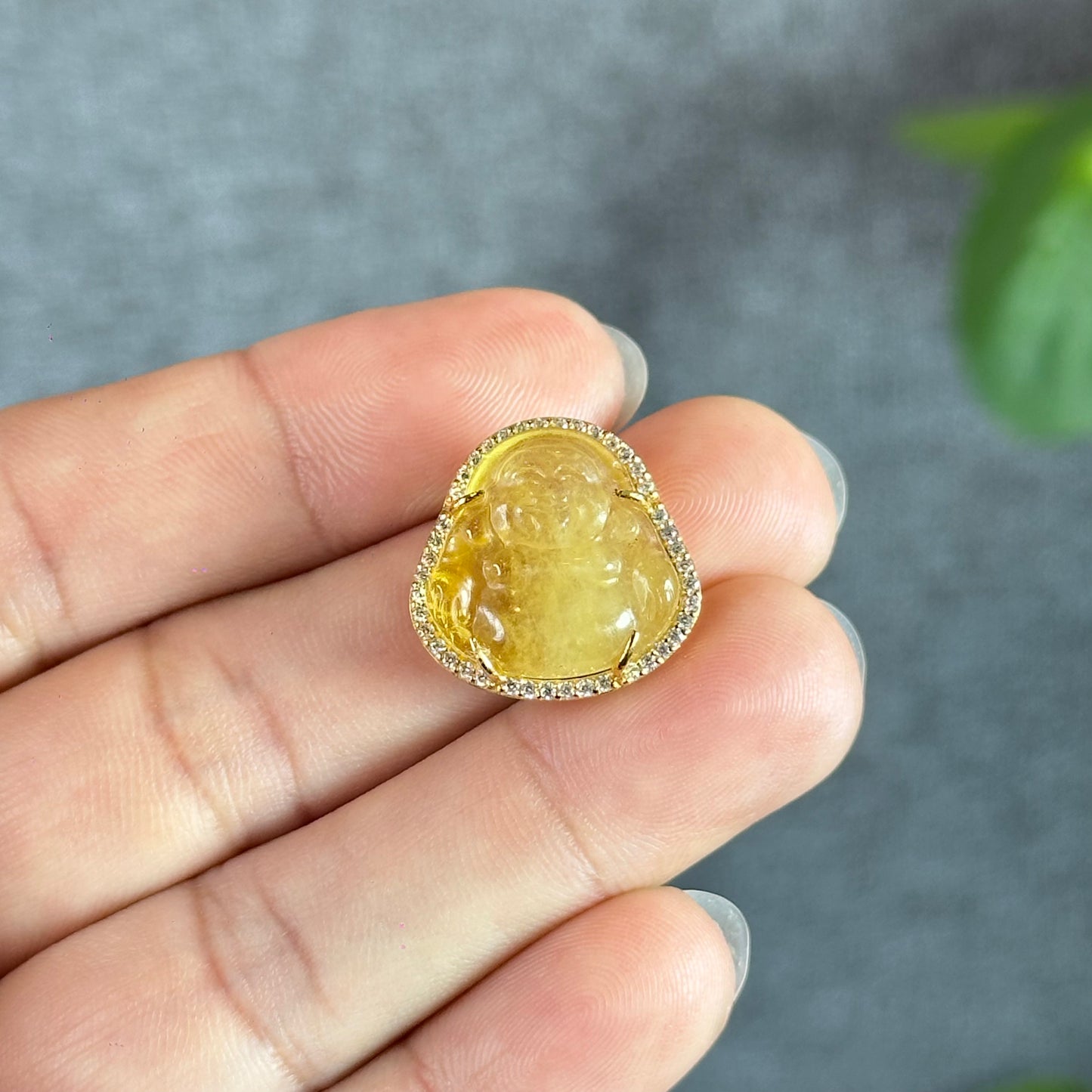 Happy Buddha Golden Beryl Charm in 10k Yellow Gold with White Stones Setting