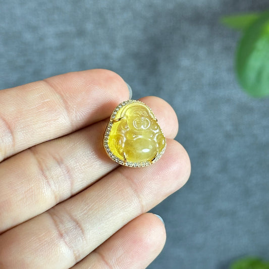 Happy Buddha Natural Golden Beryl Charm in 10k Yellow Gold with White Stones Setting
