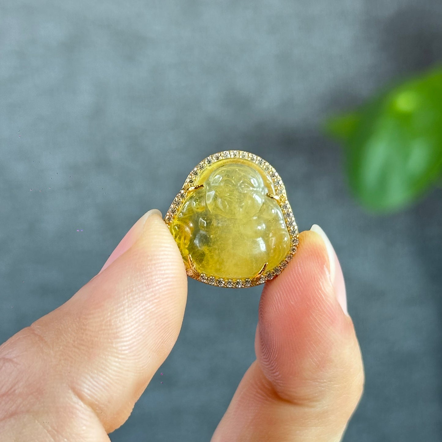 Happy Buddha Golden Beryl Charm in 10k Yellow Gold with White Stones Setting