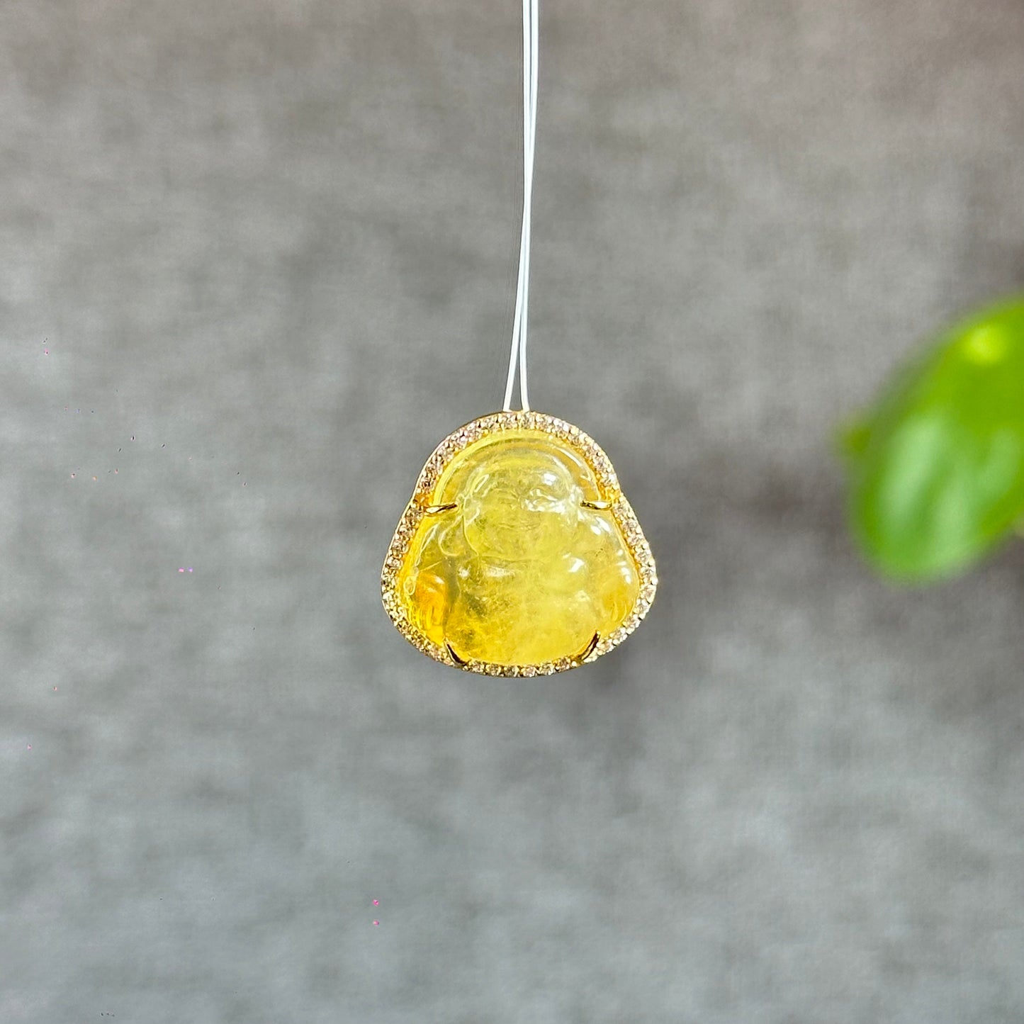Happy Buddha Golden Beryl Charm in 10k Yellow Gold with White Stones Setting
