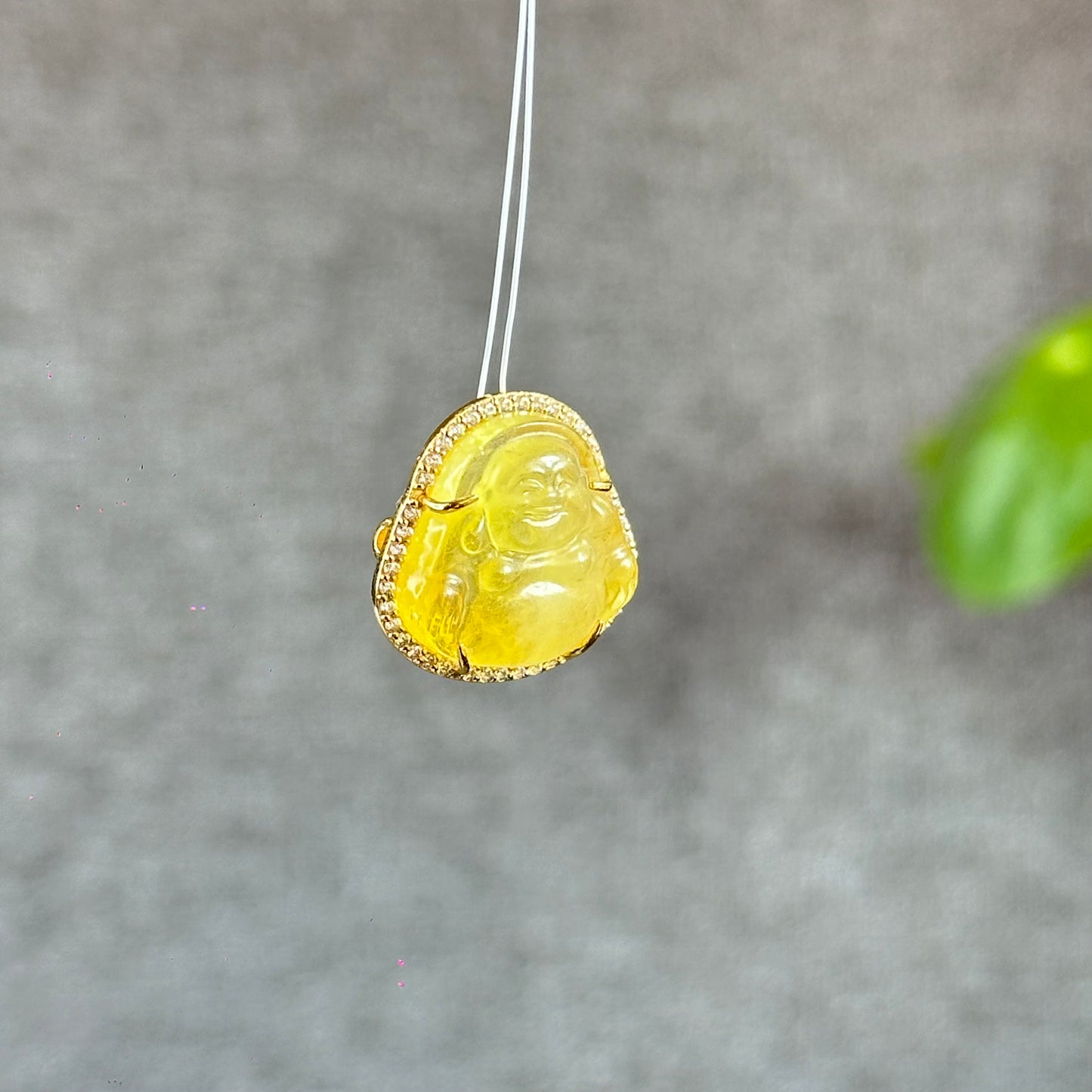 Happy Buddha Golden Beryl Charm in 10k Yellow Gold with White Stones Setting