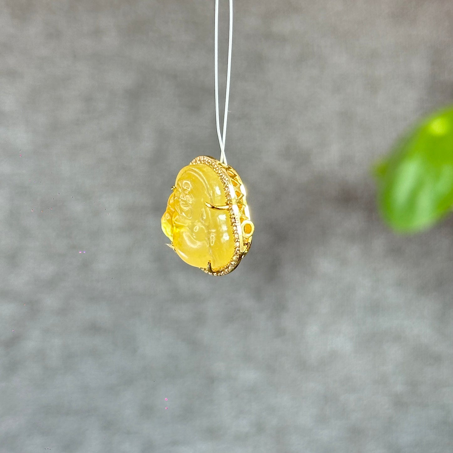 Happy Buddha Golden Beryl Charm in 10k Yellow Gold with White Stones Setting