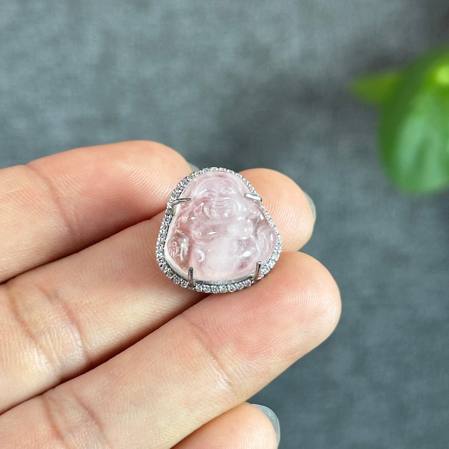Happy Buddha Natural Pink Beryl Charm in Silver with White Stones Setting