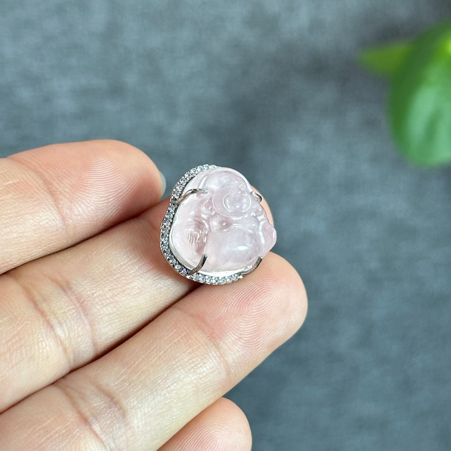 Happy Buddha Natural Pink Beryl Charm in Silver with White Stones Setting