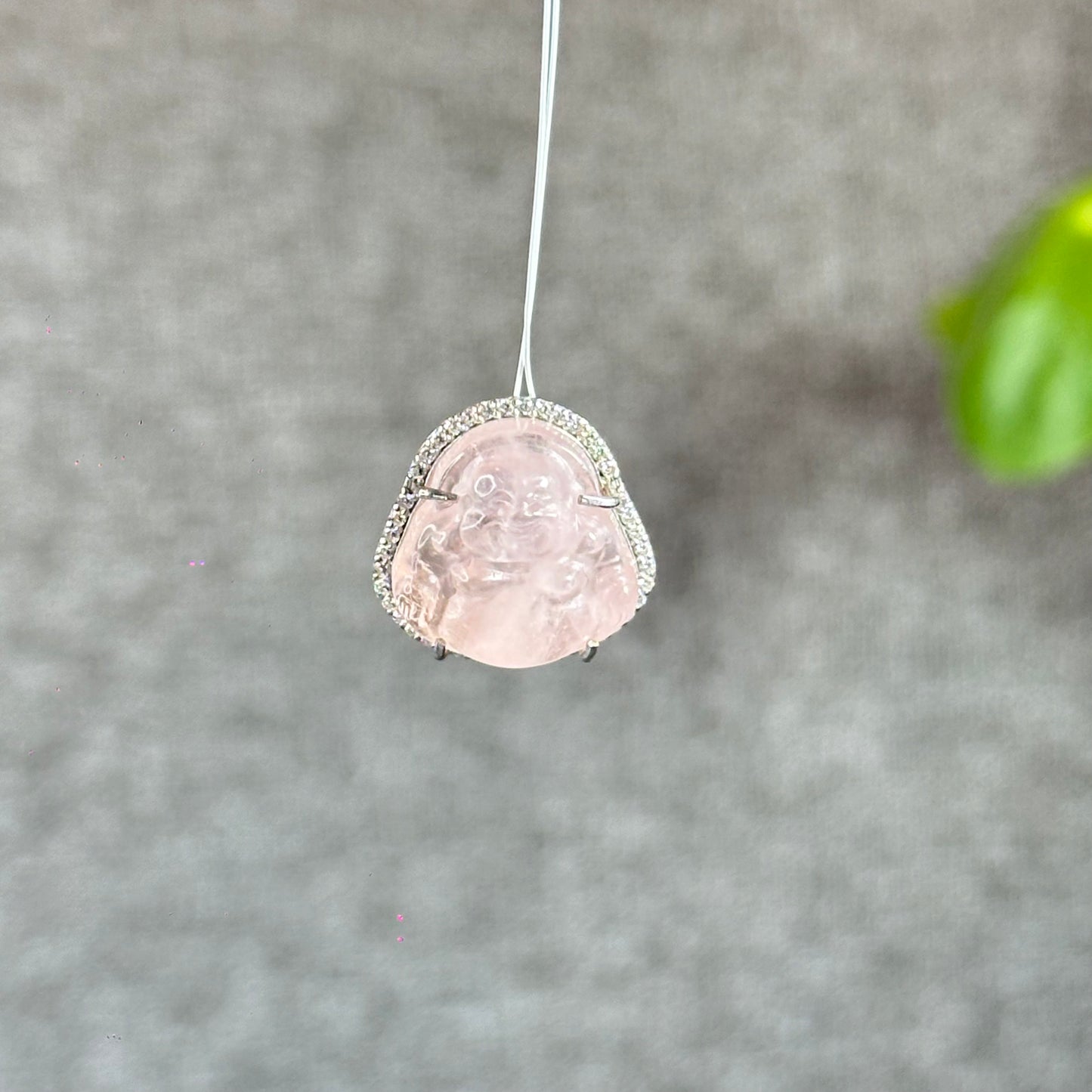 Happy Buddha Natural Pink Beryl Charm in Silver with White Stones Setting