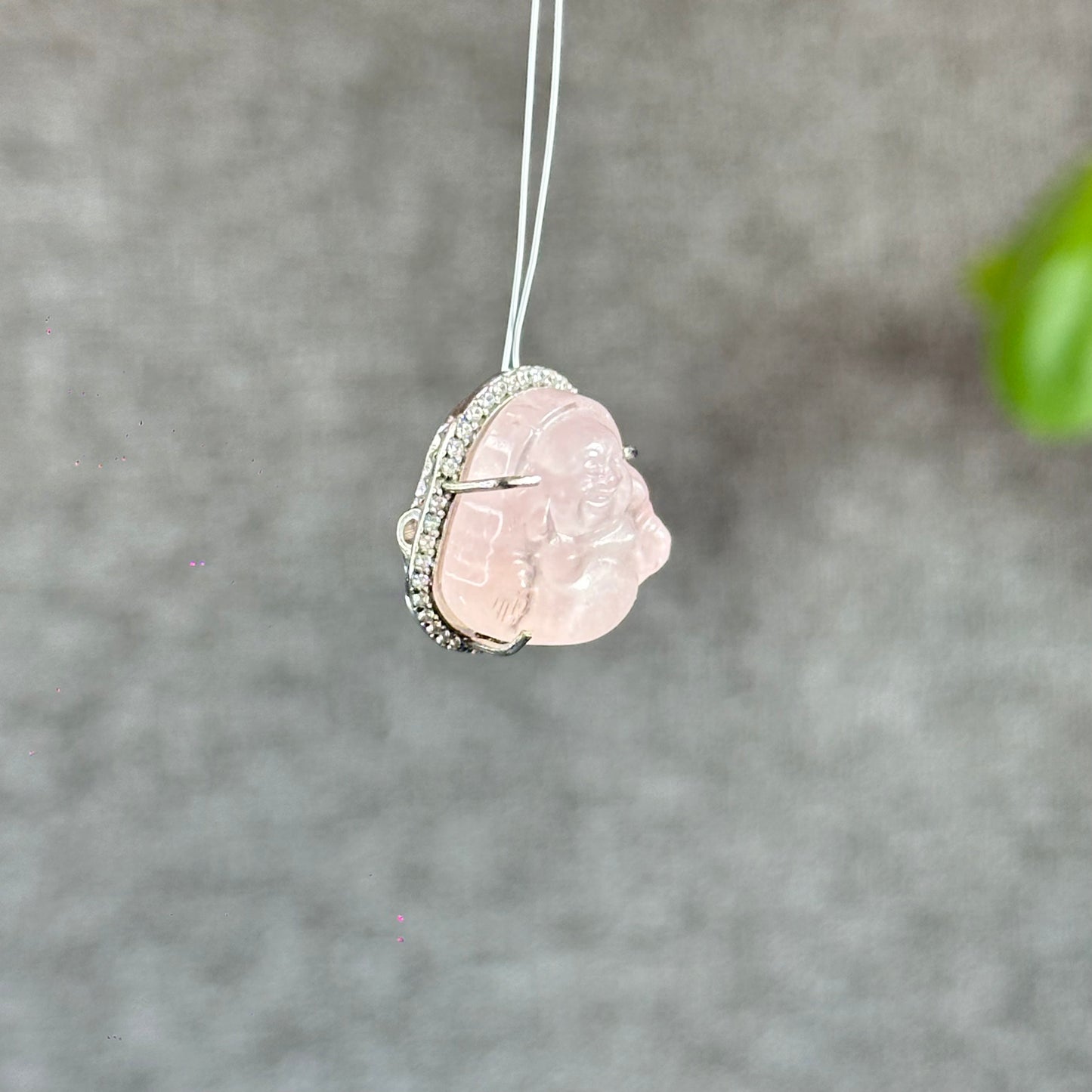 Happy Buddha Natural Pink Beryl Charm in Silver with White Stones Setting