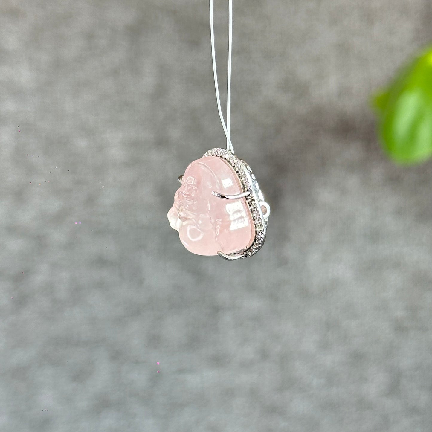 Happy Buddha Natural Pink Beryl Charm in Silver with White Stones Setting