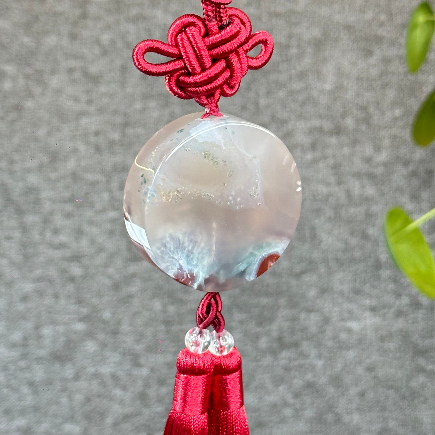 Natural Floral Agate Bangle Size 52 with Matching Red-Pink-Green Tassel