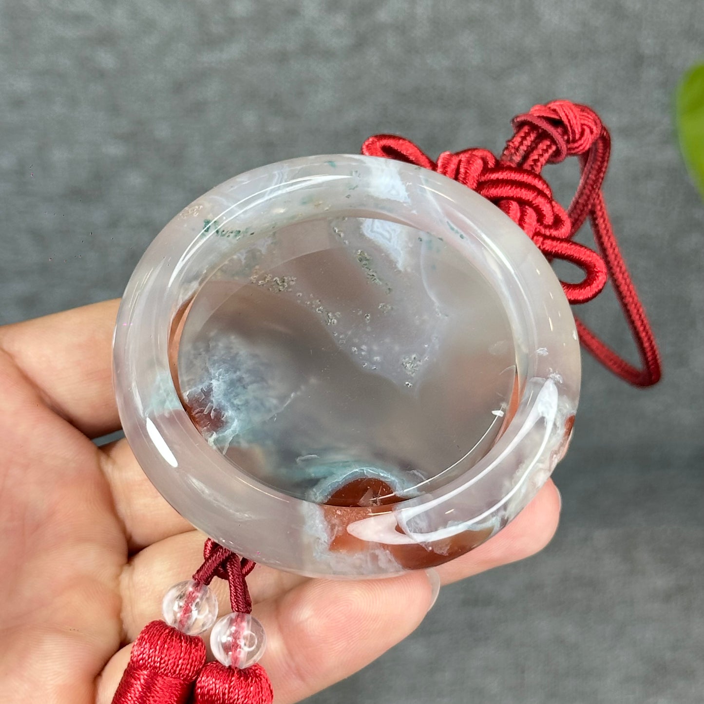 Natural Floral Agate Bangle Size 52 with Matching Red-Pink-Green Tassel