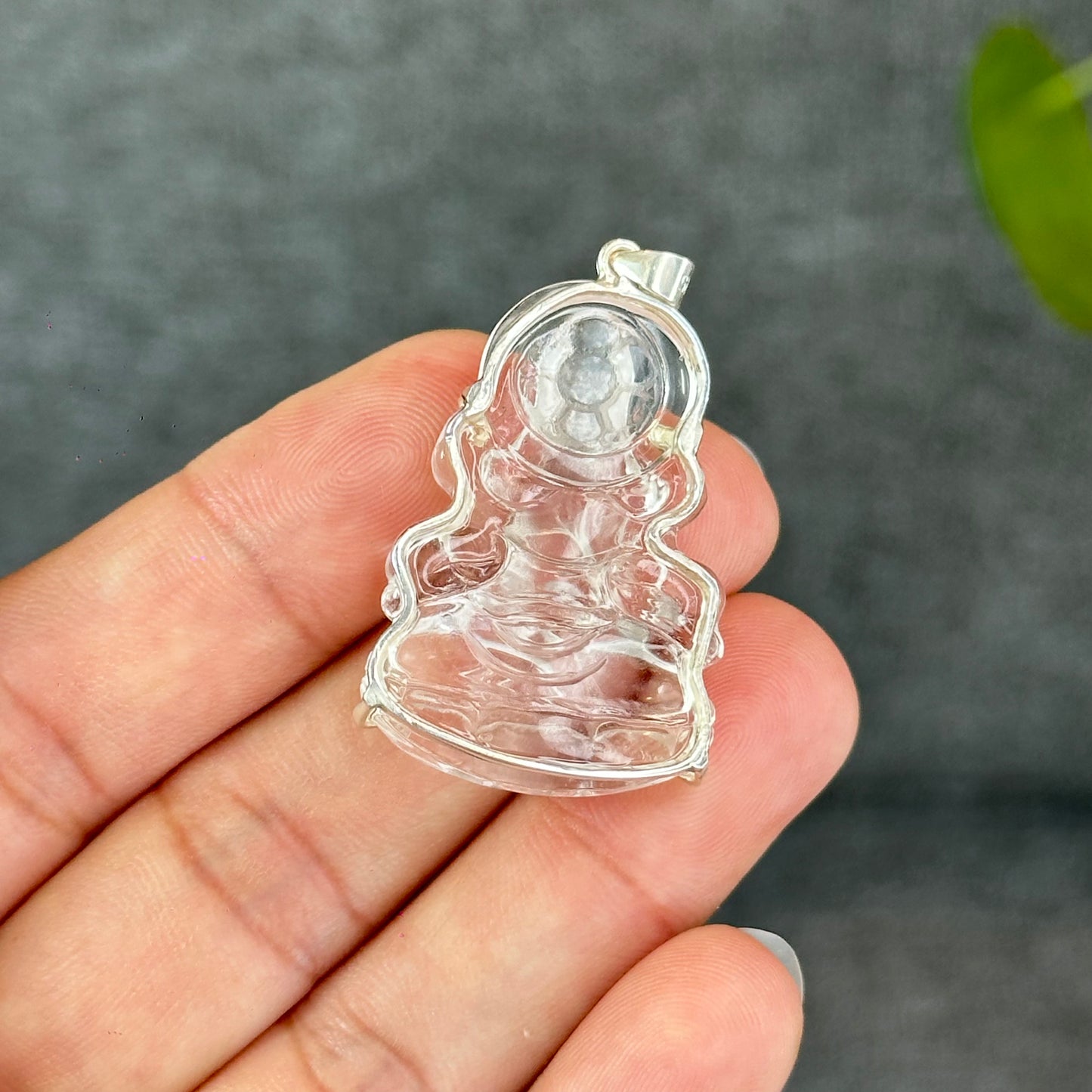 Natural Clear Quartz Quan Yin Buddha Pendant with Paw Hook 925 Silver