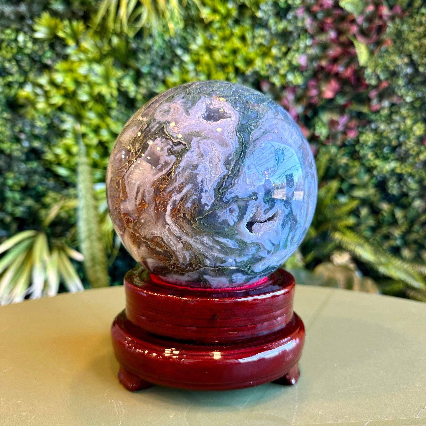 Natural Moss Agate Sphere with Stand