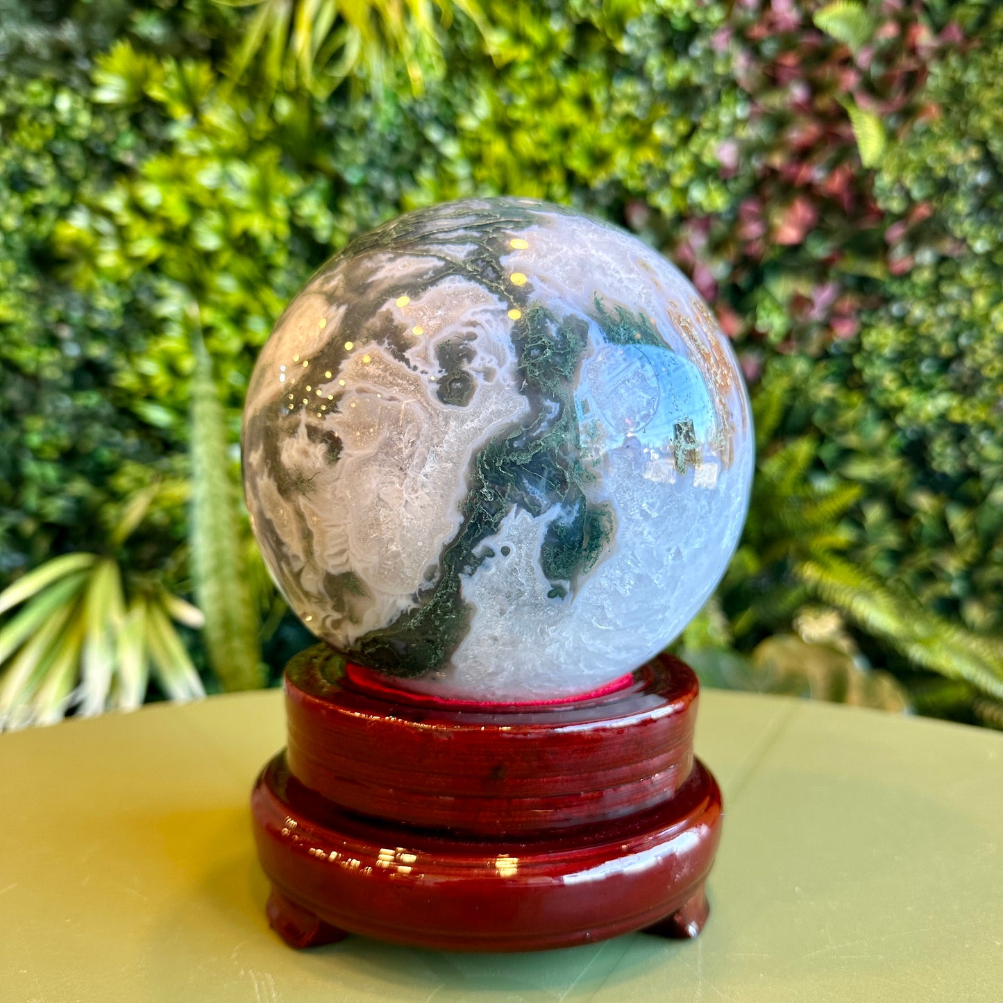 Natural Moss Agate Sphere with Stand