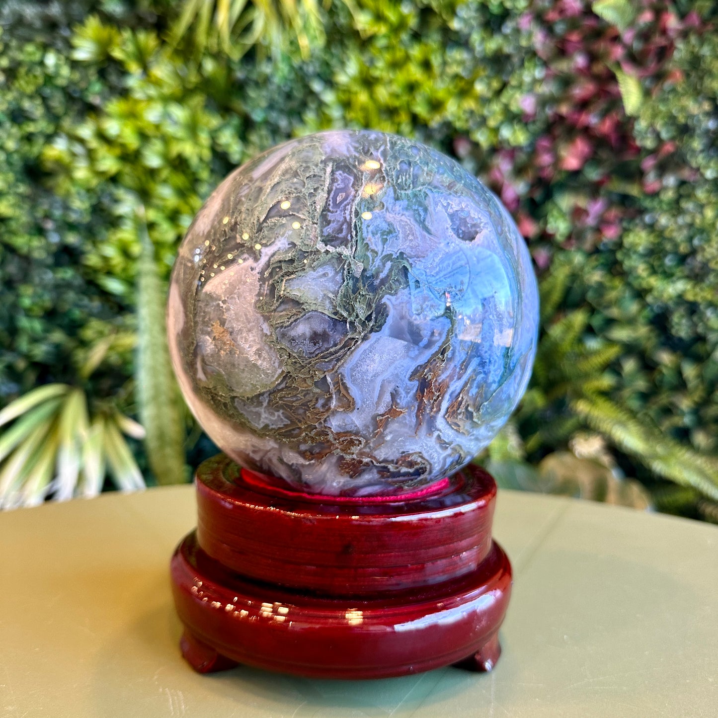 Natural Moss Agate Sphere with Stand