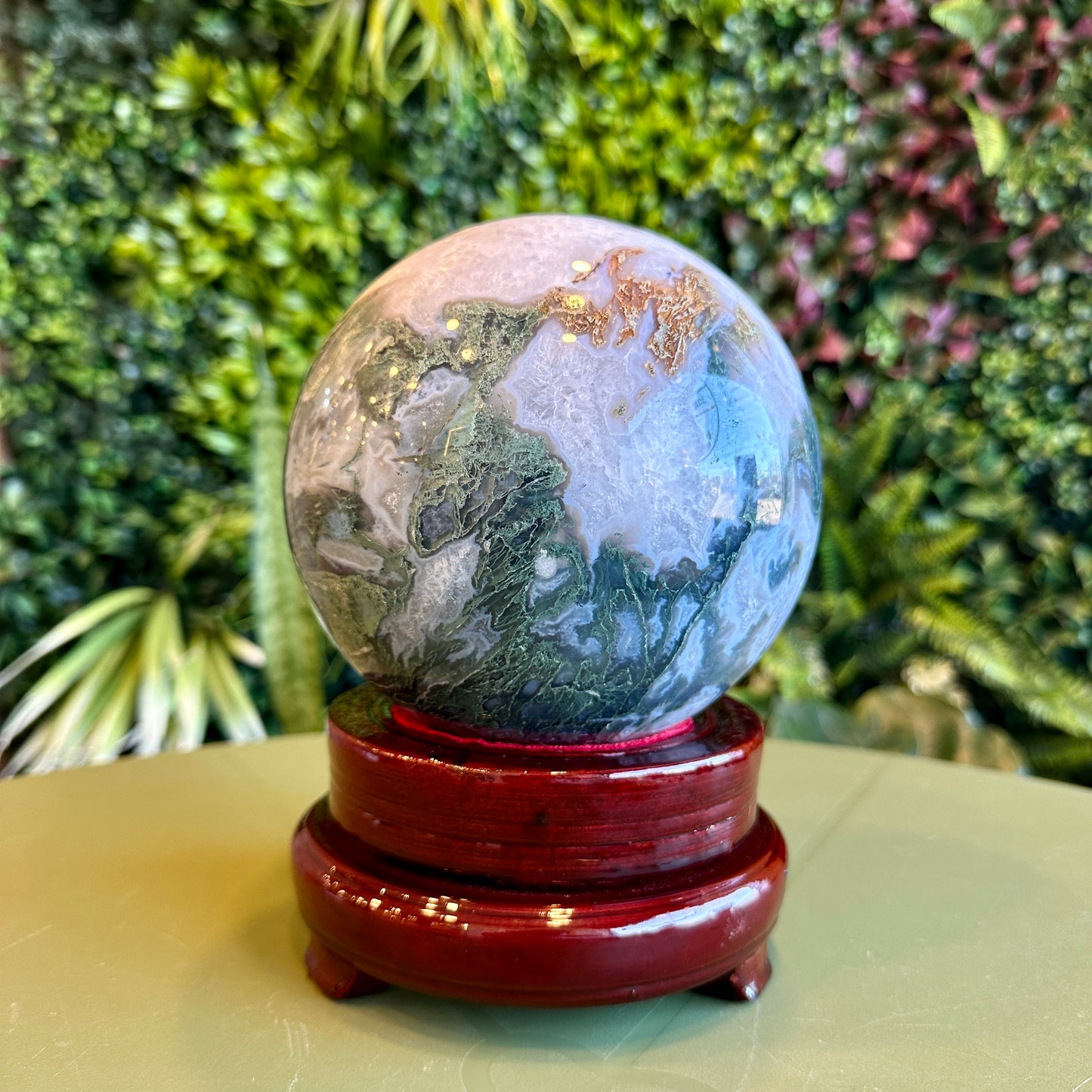 Natural Moss Agate Sphere with Stand
