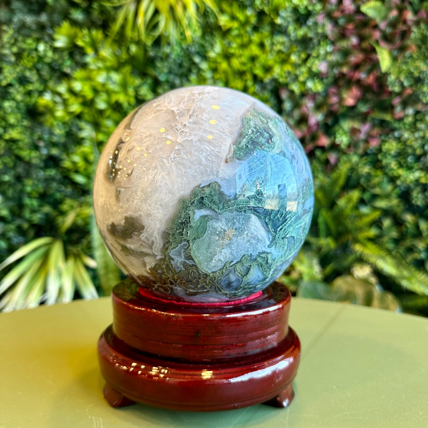 Natural Moss Agate Sphere with Stand