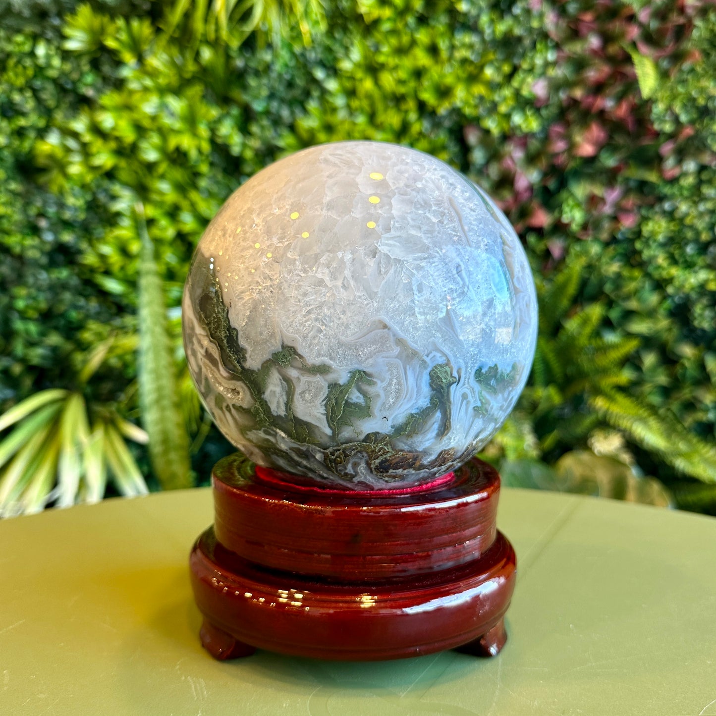 Natural Moss Agate Sphere with Stand