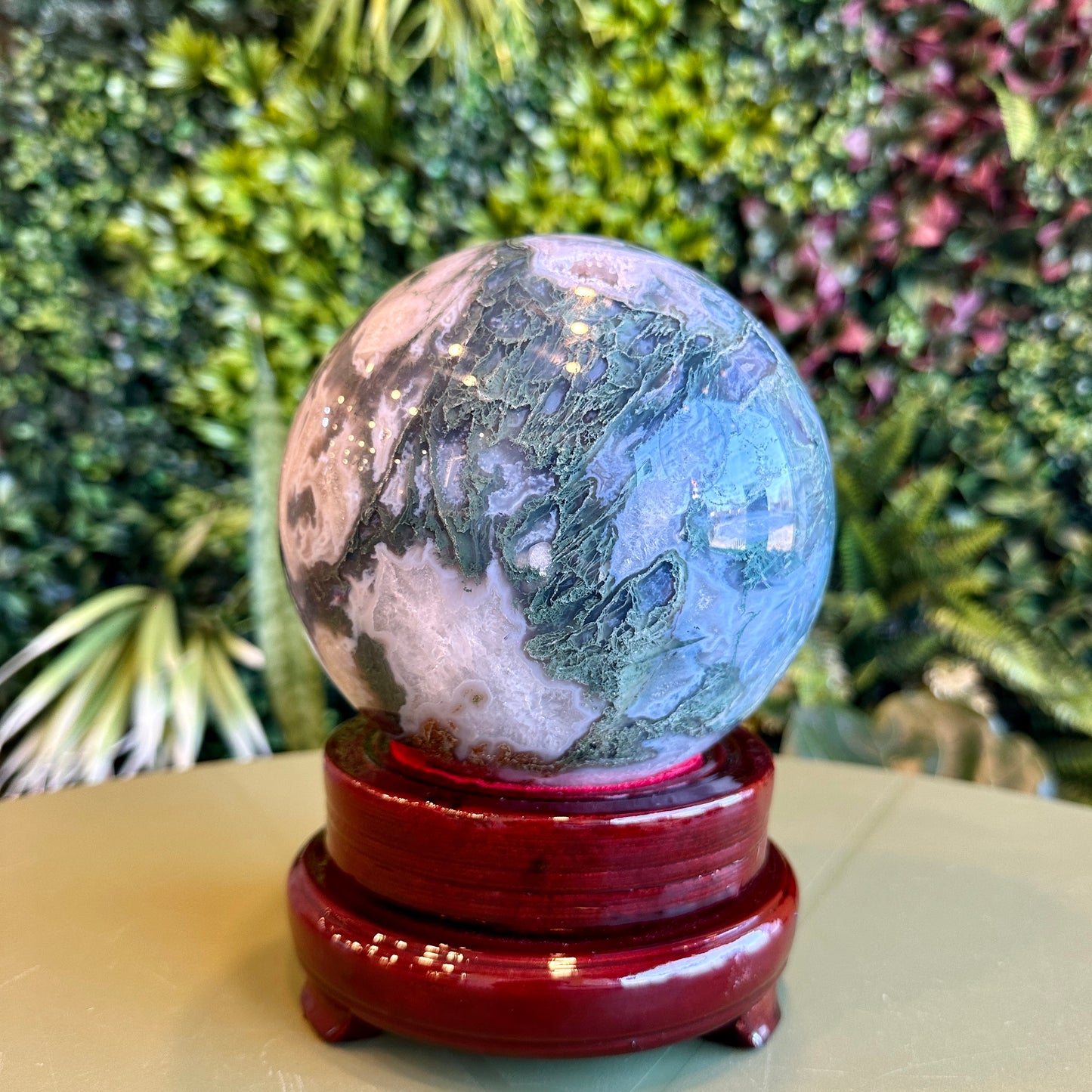 Natural Moss Agate Sphere with Stand