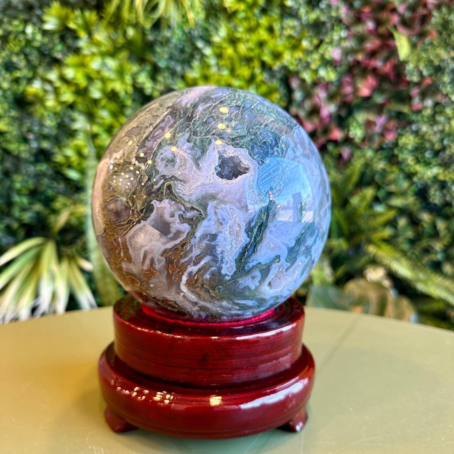 Natural Moss Agate Sphere with Stand
