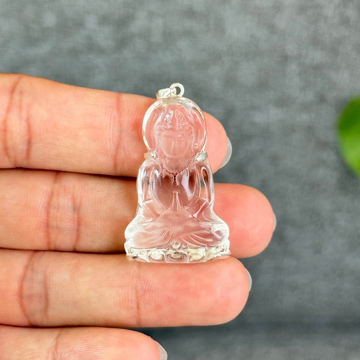Natural Clear Quartz Tara Buddha Pendant with Paw Hook s92 Silver