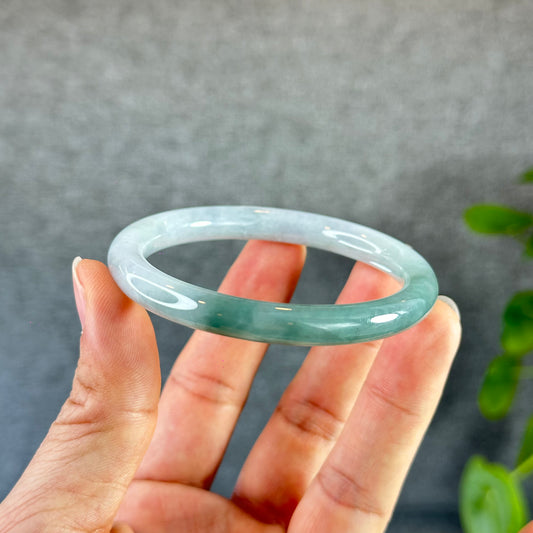 Moss Green Ivory White Natural Jadeite Jade Bangle Chopstick Style Size 55 mm