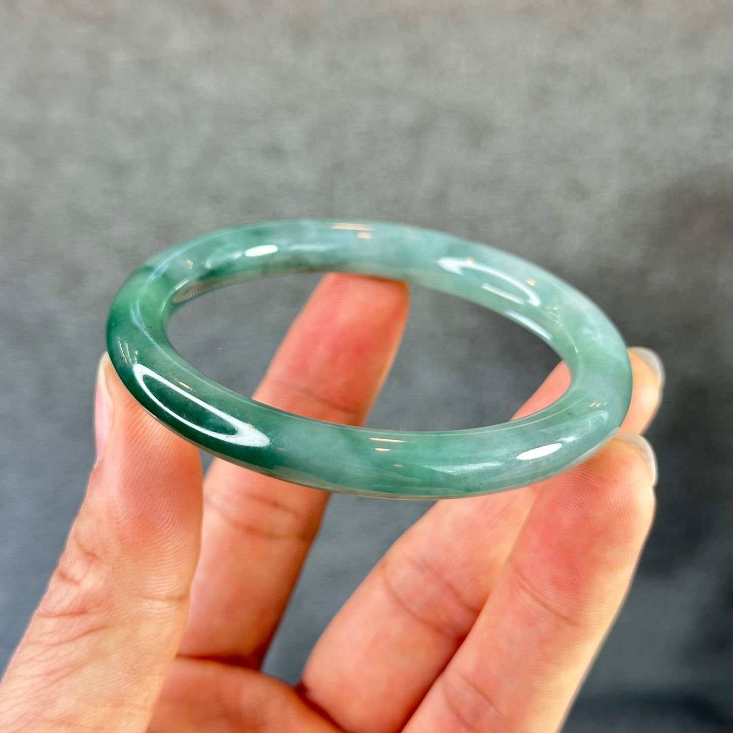 Moss Green Ivory White Natural Jadeite Jade Bangle Chopstick Style Size 55.5 mm